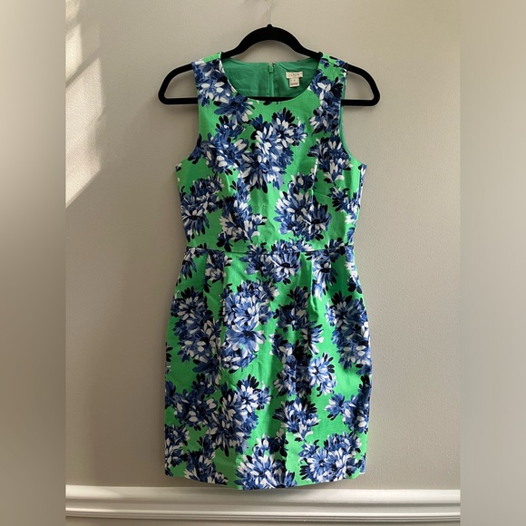 NWT J.Crew Textured Cotton Floral Sheath Dress Women's 2 Green Blue Sleeveless - Picture 1 of 12
